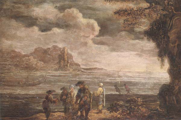 A coastal landscape with fishermen drawing in their nets